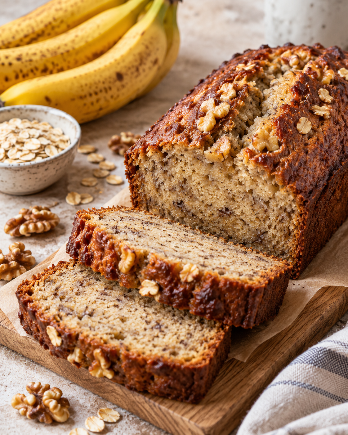 Bizcocho de plátano con nueces y avena, cortado en rebanadas